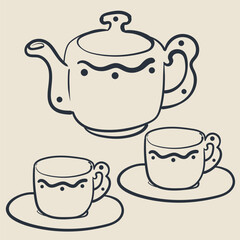 Hand drawn doodle teapot set. Line illustration of kettle and cups for cafe menu, packaging and food design.