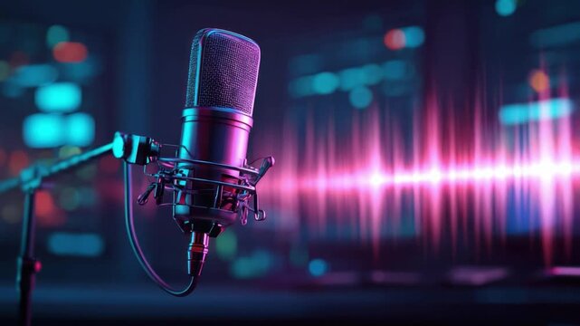 Studio Microphone in Action: Capturing the essence of audio production, a sleek studio microphone stands ready to record, with soundwaves pulsating in a symphony of sound.