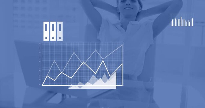 Staff sitting watching phone scaling to cloud pc as graphs turning into gears showing biz analytics