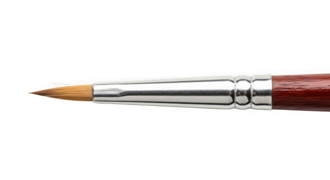 Closeup of a paintbrush with a silver ferrule and wooden handle on white transparent background