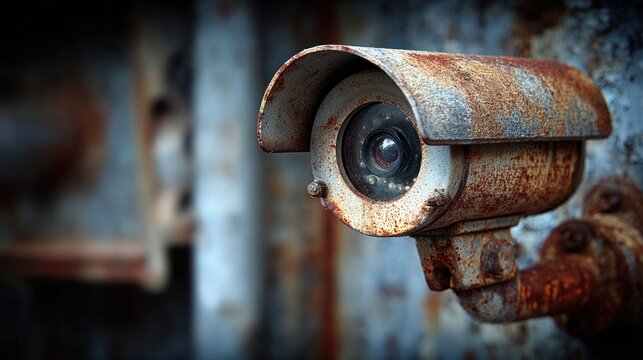 Close-up of a very old, rusty security camera mounted on a weathered wall