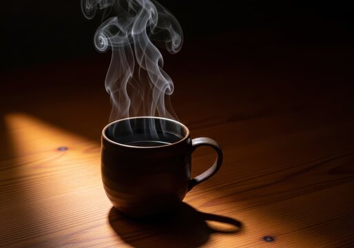 Closeup view of a steaming, dark beverage inside a cozy ceramic mug resting on a simple wooden table surface, tableware, daily, indoor