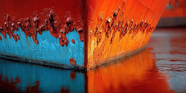 Close-up of a rusty, weathered ship hull with peeling paint and reflections in the water
