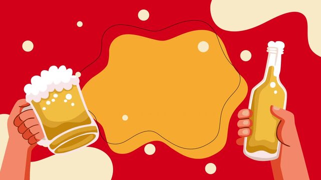 Close up scene of hands holding a frothy beer mug and a beer bottle on a bright background with foam splash shape. Perfect for bar, pub, celebration, party, beverage, and refreshing drink concepts.