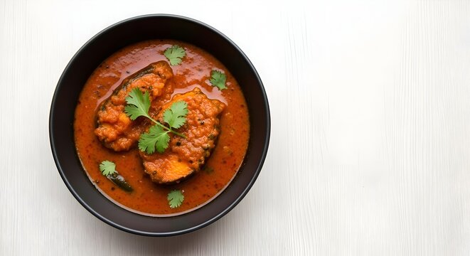 Top-down flat lay of Rohu fish curry in a matte black bowl with tomato gravy and coriander. Minimalist food photography on a light wooden surface with copy space. 2026 stock style.