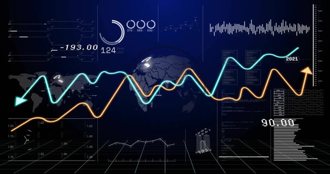 Data pulse firing analytics HUD, globe rotating, traces crossing, gauge updating for metrics