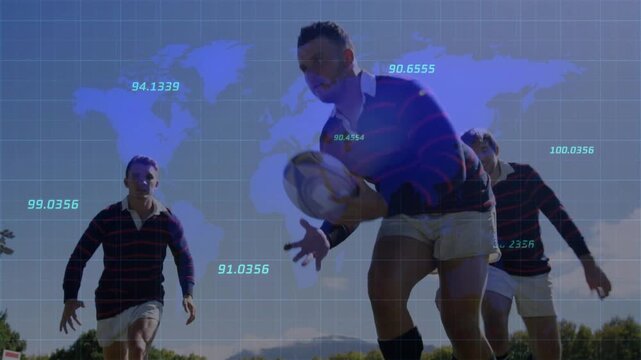 Approaching camera three rugby players running lead grabbing ball team celebrating with map overlay
