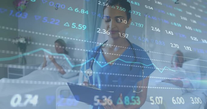 Overlay appearing, nurse writing notes on clipboard in medical ward, animated charts guiding care