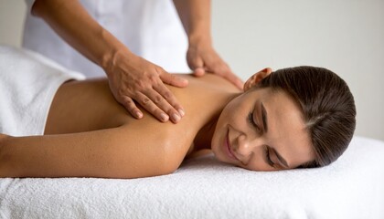 Relaxed young lady lying on massage table while therapist's hands work to sooth her muscles, massaging female back