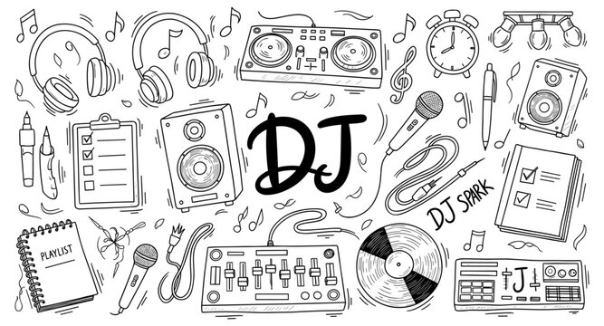 Doodle illustration of DJ equipment and music notes, perfect for creative projects
