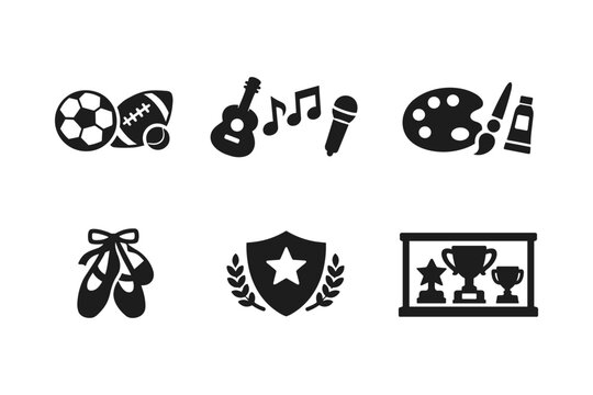 Collection of icons representing sports, music, art, dance, achievement, and awards