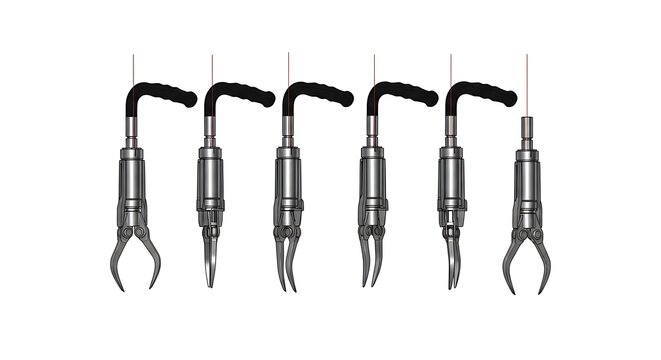 Six identical metal automotive fuel injectors with black rubber sleeves and silver nozzles on a Transparent Background.