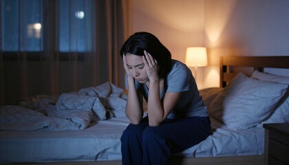 Obraz premium Woman sitting on bed with hands on head, experiencing insomnia and anxiety at night. Sleeplessness concept for mental health.