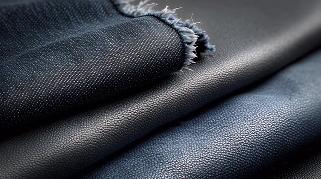 Close-up of folded layers of textured fabric, ranging in tone from deep indigo to lighter shades. Reveals details of stitching and grain