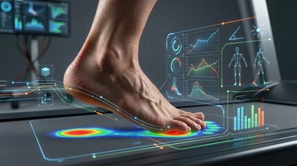 Medical illustration of foot biomechanics analysis in clinical setting health technology visualization interactive environment