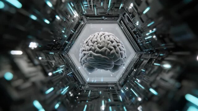 Brain in Futuristic Matrix: A futuristic view of a human brain encased within a hexagon-shaped glass structure, surrounded by digital circuits, symbol of innovation and high technology.