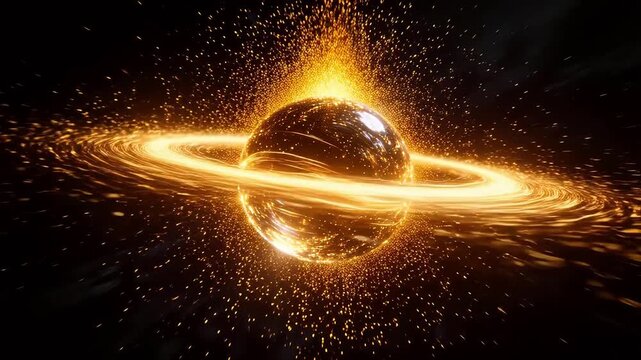 Glowing celestial sphere surrounded by golden rings and particles in space