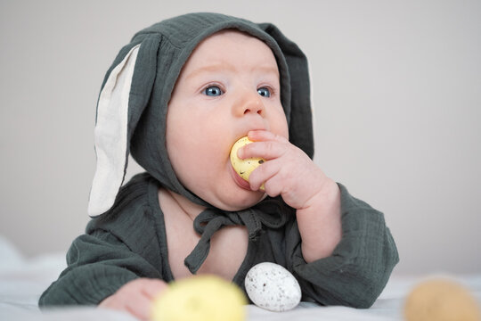 A cute boy in a bunny costume plays with colorful Easter eggs on a spring day. Funny child on Easter.