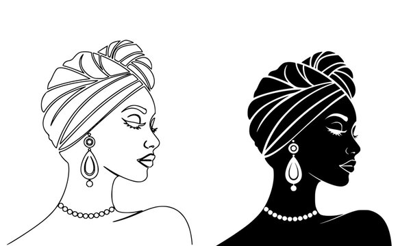 Elegant African Woman Portrait in Two Styles, Line Art and Black Silhouette, Wearing Traditional Head Wrap and Jewelry, Vector Illustration for Fashion, Beauty, and Ethnic Design Projects