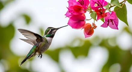 Fototapeta premium A hummingbird in flight feeding from pink flowers with green leaves in a natural setting.
