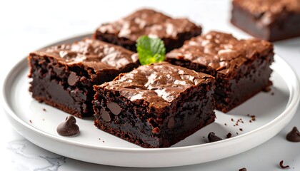 Several fudgy brownies sit on a white plate with a mint garnish, next to scattered chocolate chips