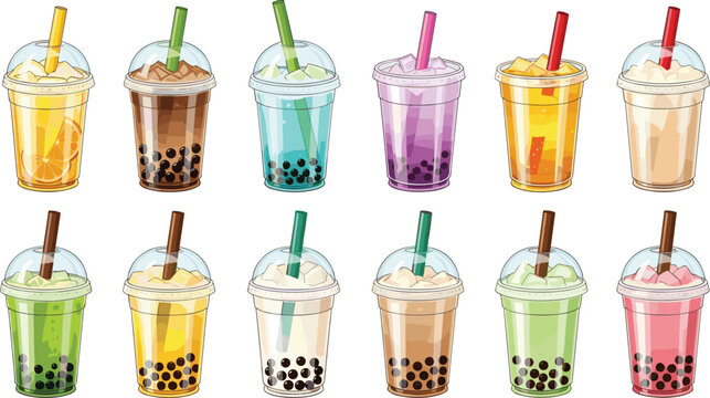 Bubble tea drinks collection with colorful boba milk tea cups and tapioca pearls vector illustration set
