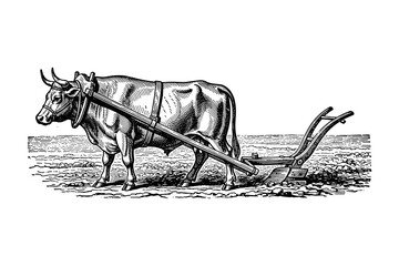 Vintage engraving of an ox pulling a plow in a farm setting