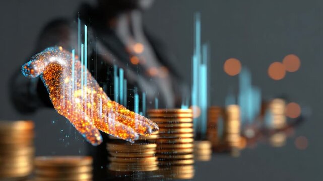 Financial Touch: An artistic representation of a hand reaching toward stacks of coins, suggesting growth, investment, and financial success.