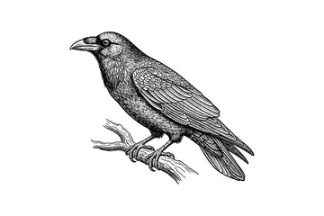 Fototapeta premium Intricate engraving of a detailed raven perched on branch