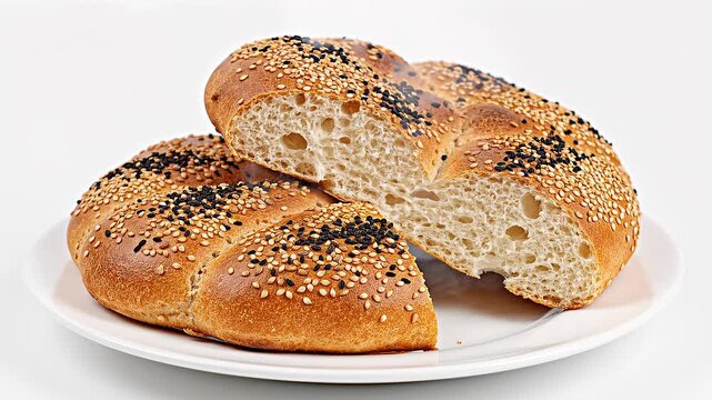 Sesame seed bagel on plate cut.