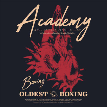 Vintage Boxing Academy T-Shirt Design with Ancient Roman Cestus Graphics, Retro Combat Sports Typography, Distressed Boxing History Poster for Apparel and Streetwear Print.