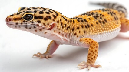 Leopard gecko reptile with spotted skin on white background With shadow. AI GENERATED.