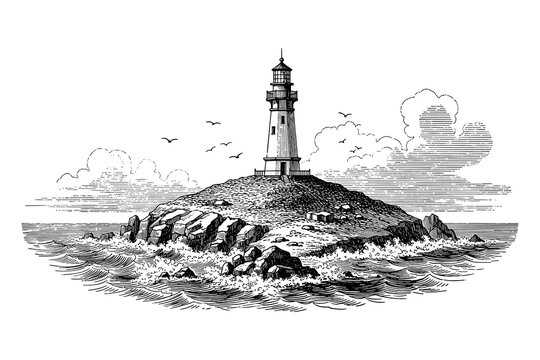 Detailed vintage lighthouse on rocky shoreline with ocean waves and seagulls