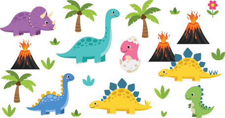 Cute cartoon dinosaurs collection with volcano, palm trees and baby dinosaur egg, prehistoric animals vector illustration set © Prodip