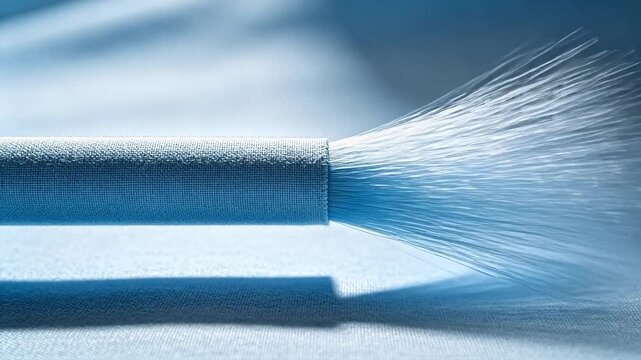 Smooth white fibers extending from textured cylindrical object on blue background