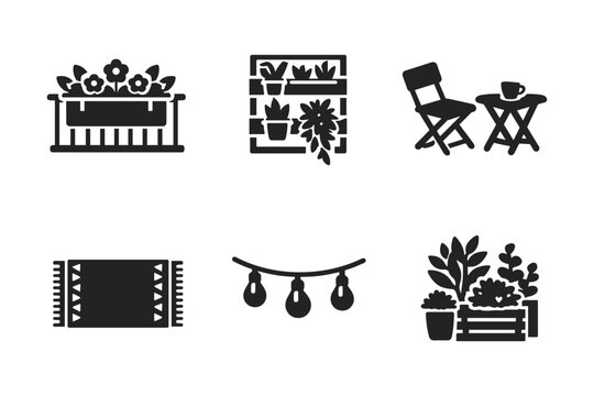 Collection of outdoor living and gardening icons for balconies and patios