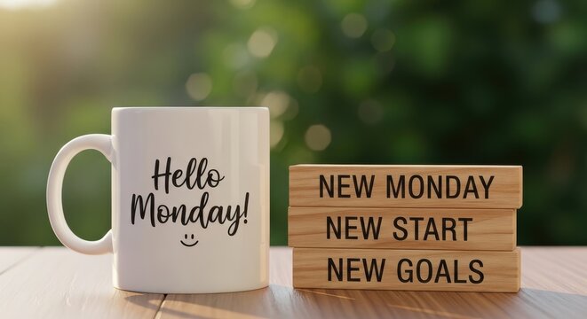 A white mug with 'hello monday!' and stacked wooden blocks saying 'new monday, new start, new goals' on a table.