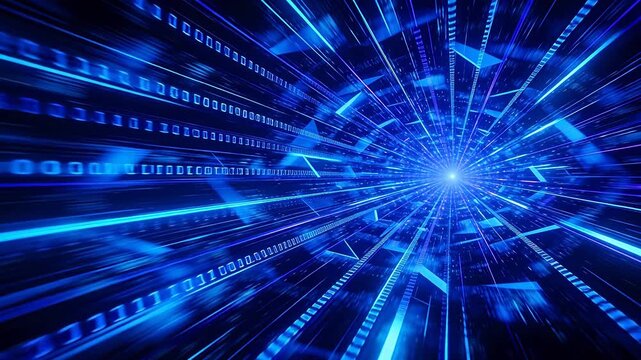 Abstract digital tunnel with blue geometric light beams