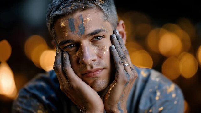 Centered Festival Portrait with Full Ash Coverage and Fine Cracking Inspired by Masan Holi festival aesthetics, male performer centered, half-body portrait, face fully covered with  4K
