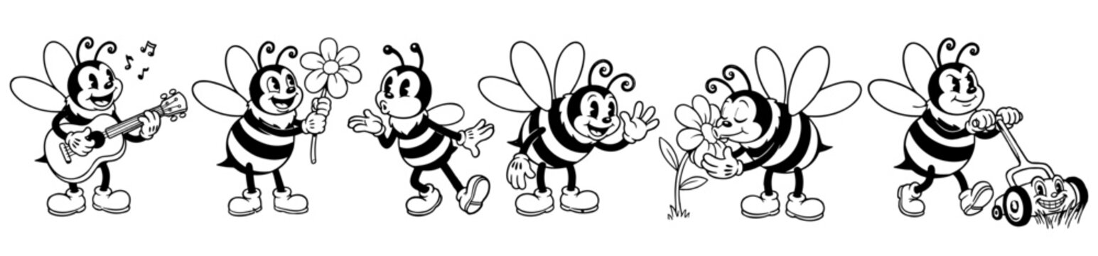 Vintage honey bee mascot character in retro rubber hose cartoon style for summer garden concepts