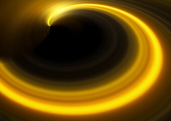 黒背景に渦巻く金色のネオン光の波線　テクノロジー・デジタル背景