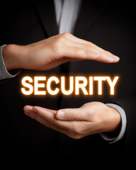 businessman hands making protection gesture on the word "SECURITY", business and security concept