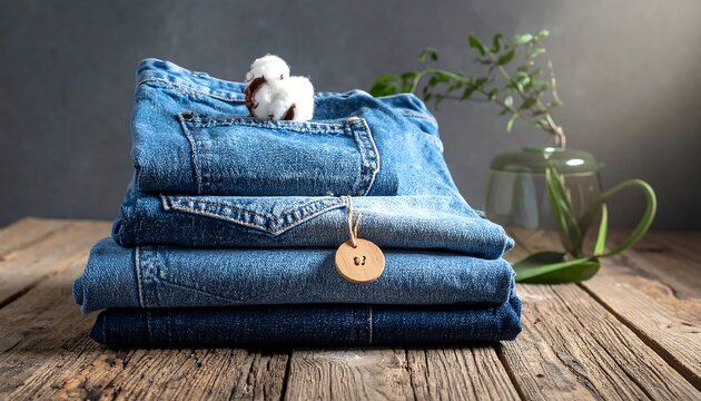 Stacked, folded jeans, wood surface, soft light, cotton bloom. Green plant in vase behind. Natural, peaceful, calm vibe