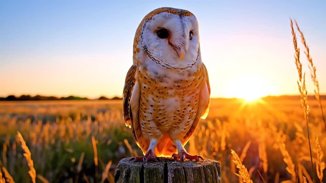 Barn Owl Perched on Wooden Post at Sunrise in Golden Field