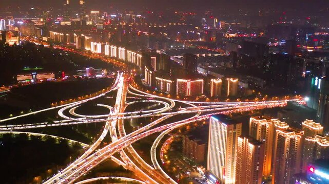 City Highway Overpass at Night - Aerial Urban View