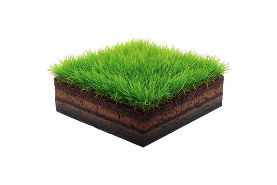 Isometric grass cube showing green lawn and soil layers, presenting earth cross section with transparent background