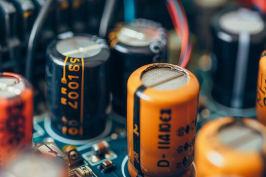 Close up of electrolytic capacitors and resistors on a pcb, showcasing electronic components and circuitry