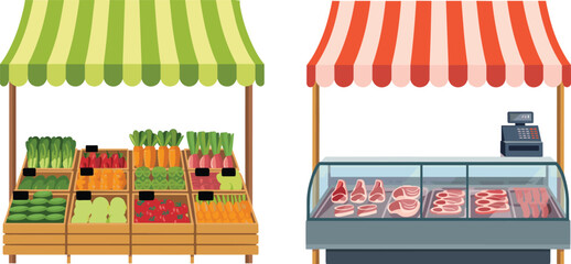 Market stalls with vegetables and butcher meat counter illustration, fresh food vendor shop stands isolated vector collection © Asia