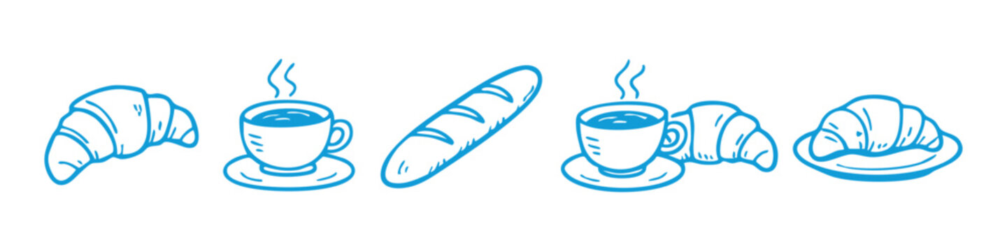 Blue hand-drawn doodles of French breakfast items including croissants, coffee cups, and baguette on white background. Artisan cafe vector icons.