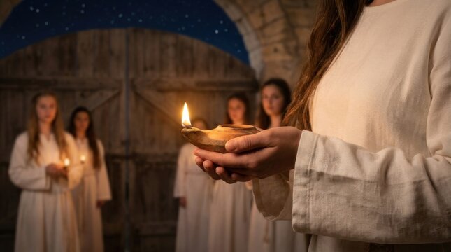 Woman holding burning clay lamp representing biblical parable of ten virgins. Group of women in white robes waiting with light at night. Spiritual religious scene of christian faith.
